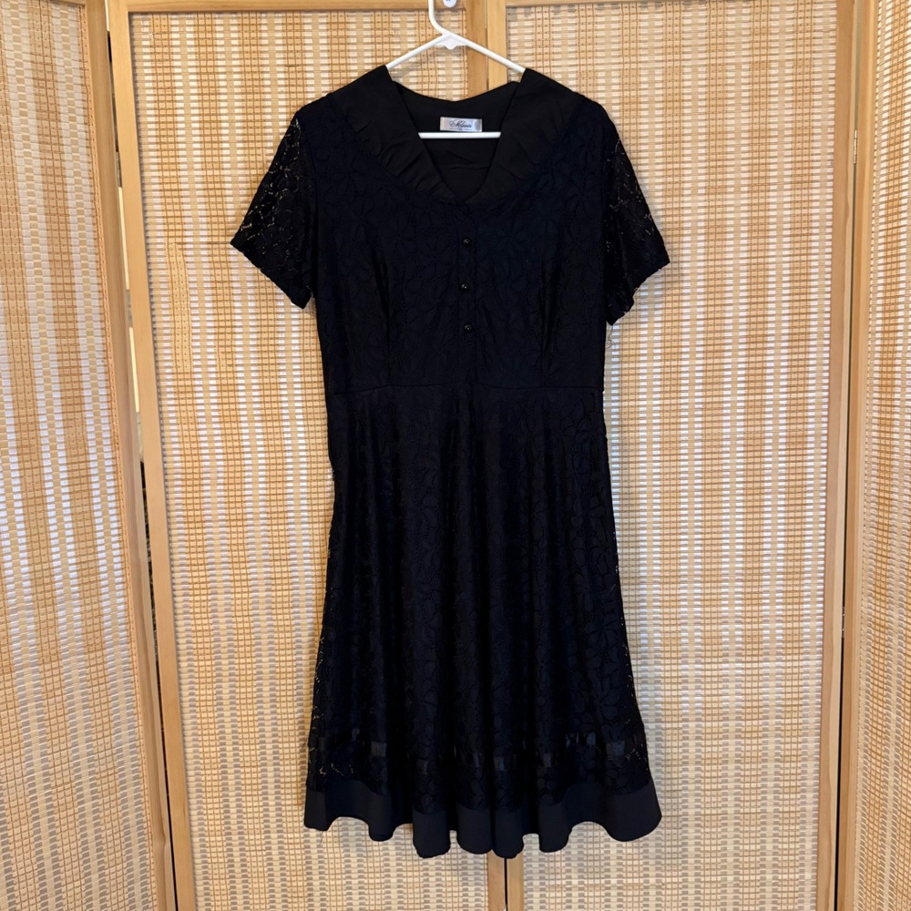 Muxinni Black Floral Lace Fit and Flare Dress XXL Short‎ Sleeve V-Neck Formal